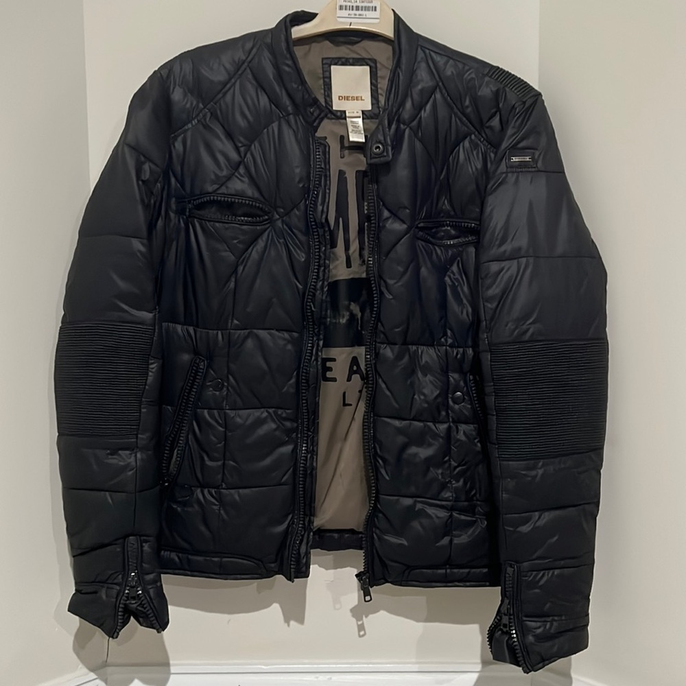 Deep Navy Well Worn Diesel Men’s Motorcycle Style Nylon and Leather Jacket